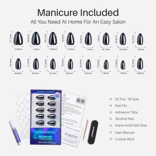SHANGMENG Halloween Press on Nails, Almond Short Black Chrome Fake Nails - color: Liquid Onyx