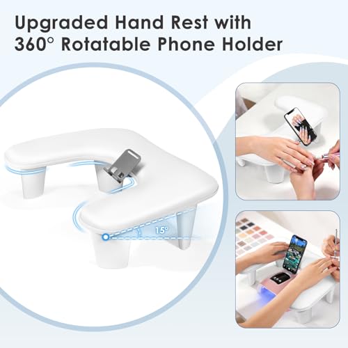 LIONVISON Arm Rest for Nails Tech: U Shaped Ergonomic Nail Hand Rest Stand PU Leather with Rotating Phone Holder for Nail Salon Manicurist (White) - color: White with Phone Holder