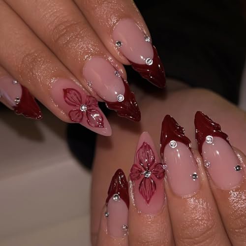 Burgundy French Tip Press on Nails Medium Almond - 3D Flowers - color: D-50