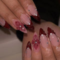 Burgundy French Tip Press on Nails Medium Almond - 3D Flowers - color: D-50