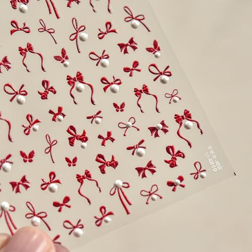 1 Sheet Embossed Bow Nail Art Stickers Pearl Bowknots Nail Art Stickers 5D Self Adhesive Bow Tie Nail Decals Red Mix Shape Bow-Knot Design Manicure Supplies for Women Nail Art Decorations Accessories - style: pearl red bow