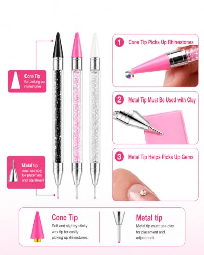 14Pcs Rhinestone Picker Tool 3 Bedazzling Pen, 6 Wax Tips&2 Tweezer - color: White pink