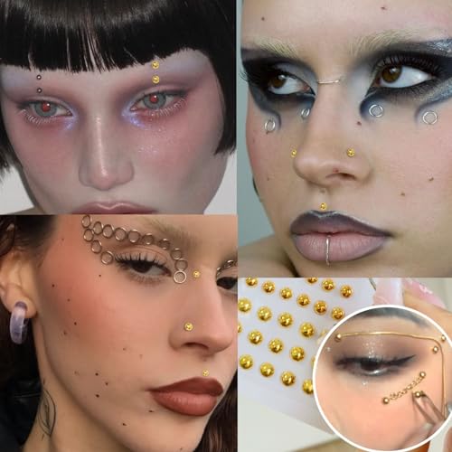 NOOEPC Gold & Silver Mixed Face Gems - Self-Adhesive Fake Piercings, Lip & Nose Rings, Eyebrow & Lip Stickers - Cool Punk Y2K Makeup - color: Gold+silver