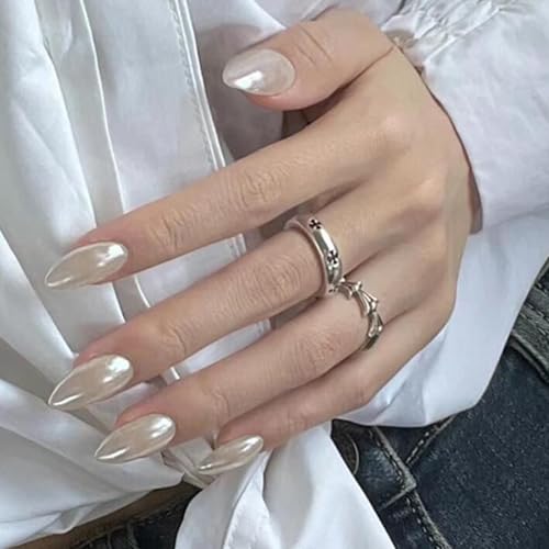 Chrome White Acrylic Press on Nails Almond Medium Fake Nails - color: 07-Chrome White
