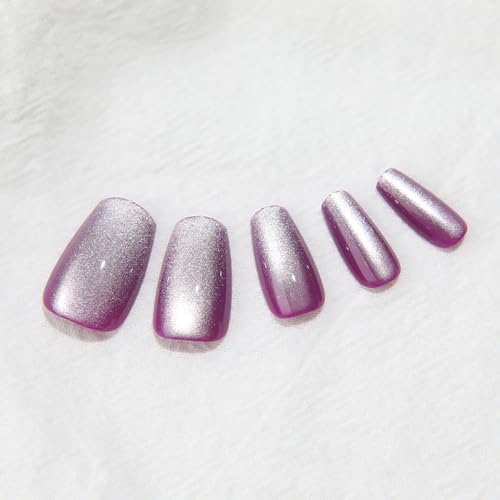 Purple Medium Press On Nails, Cat Eye Coffin Press On Nails, Crystal Glow Design, Ice Glossy Gel Purple Fake Nails, Reusable Acrylic Stick On Nails for Women - color: C0-Moonlit Amethyst