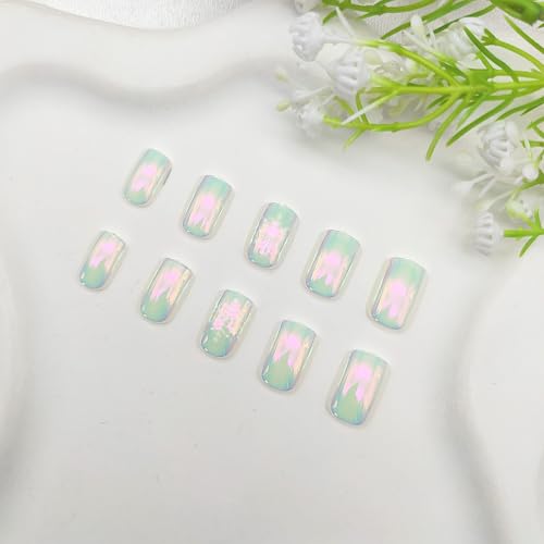 24Pcs Press on Nails Short Square Fake Nails Chrome Snowflake Designs - color: 24