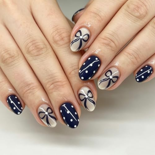 Oval Press on Nails, Short, Blue Bow, White Polka Dot, Acrylic Nails, 24Pcs - color: style-04