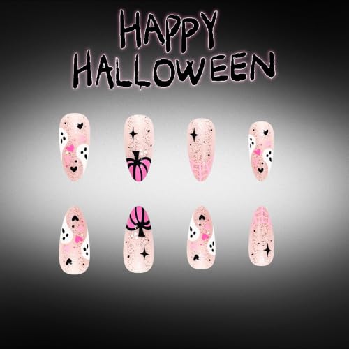 Halloween Press On Nails, Almond Pink Ghost Pumpkin Spiderweb Design - color: style 29