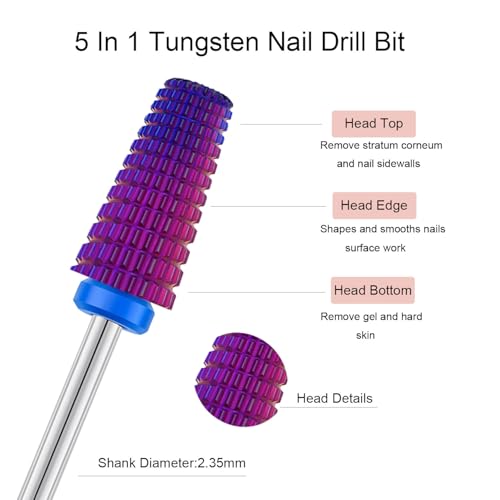 2pcs 5 in 1 Nail Drill Bits, 3/32'' Tungsten Carbide Safety Bits,Two Way Use for Both Left and Right Handed, Fast Remove Cuticle Acrylic Gel Polishing Manicure Pedicure Tools (Purple) - color: Purple