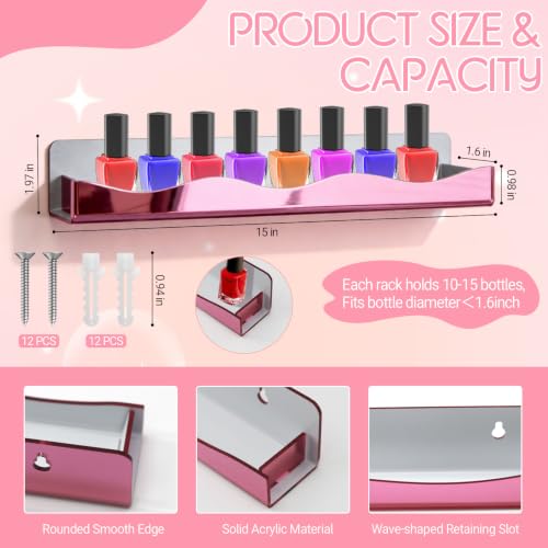 15" Nail Polish Wall Rack 6 Pack, Wall Mounted Organizer Holds 66+ Bottles - color: Rose Red-polished