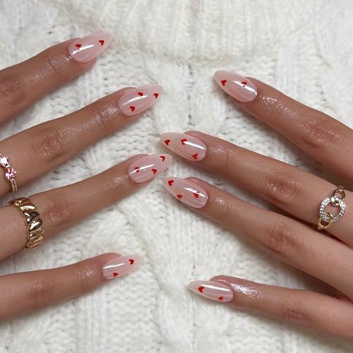 Qsnidy Pearlescent Press on Nails - Glazed Red Heart, Medium Almond - color: Glazed Red Heart