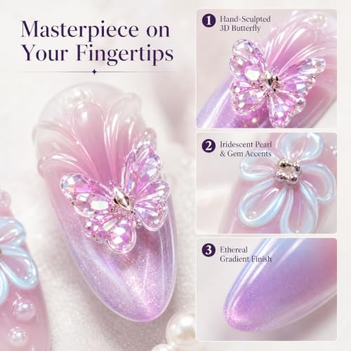 10Pcs Handmade Press on Nails with 3D Flower Designs and Rhinestones, Medium Almond Gradient Pink and Blue Fake Nails, Luxury Fairy Floral Acrylic Nails for Women - color: Pink and Blue Gradient, size: S