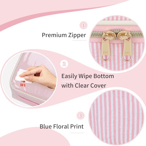Nail Polish Organizer and Storage Box, Double Layer Pink-White Stripes Nail Supplies Holder for 45 Bottles & Lamp, Nail Kit Organizer, Nail Tech Travel Case & Tattoo Travel Container - color: Pink White Stripe, size: 45 Slots