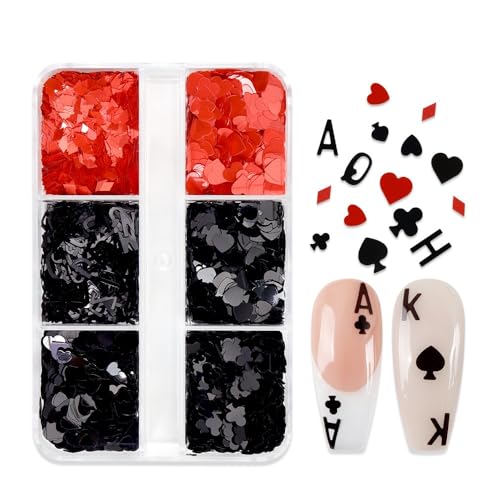 1 Box 2 Color Holographic Poker Nail Glitter Red Black Peach Hearts Nail Sequins 3D Letter Nail Flakes Sparkly Powder Flakes Shiny Nail Glitter Alphabet Nail Sequins Glitter for Nails Art 6 Grids - color: Color 16
