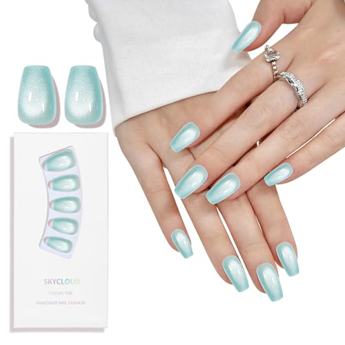 Blue Cat Eyes Press On Nails,12 Size - 24 Pcs Soft Gel Blue Catseye Medium Coffin Fake Nails Kit with Nail Glue, Natural Reusable Stick On False Manicure for Women Girls (Skycloud Nail) SK0718 - color: SK0718-Sky Blue