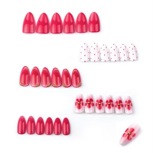 30Pcs Pink Flower Press On Nails Medium Almond Fake Nails with Polka Dots - color: BD-Pink-6