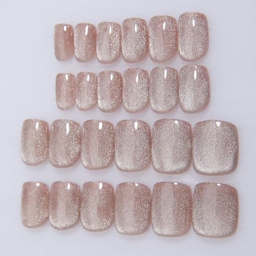 Nude Press on Nails Short Square, Summer Cat Eye Press on Nails, Fashion Gel Fake Nails, Reusable Acrylic Fake Nails, Glossy Stick on Nails for Women, Glue on Nails Kit, Icy Nude - color: B04-Icy Nude