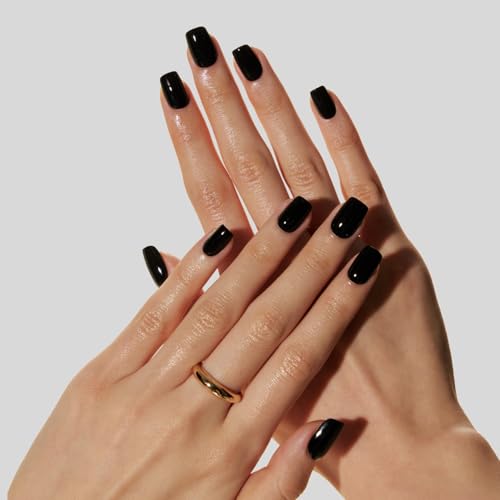 LAMIMOSA 32Pcs Press On Nails Short Square, Black Fake Nails, MIDNIGHT - color: MIDNIGHT