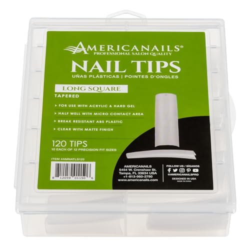 Americanails Nail Tips - Long Square 120ct – Ideal for Acrylic and Hard Gel, Break Resistant ABS Plastic, Clear Matte Finish, Half Well with Micro Contact Area - 120 - Count Set for Stunning Nails - color: Long Square, size: 120 Nail Tips