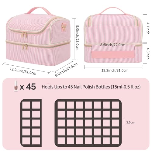Nail Polish Organizer and Storage Box, Double Layer Pink-White Stripes Nail Supplies Holder for 45 Bottles & Lamp, Nail Kit Organizer, Nail Tech Travel Case & Tattoo Travel Container - color: Pink White Stripe, size: 45 Slots