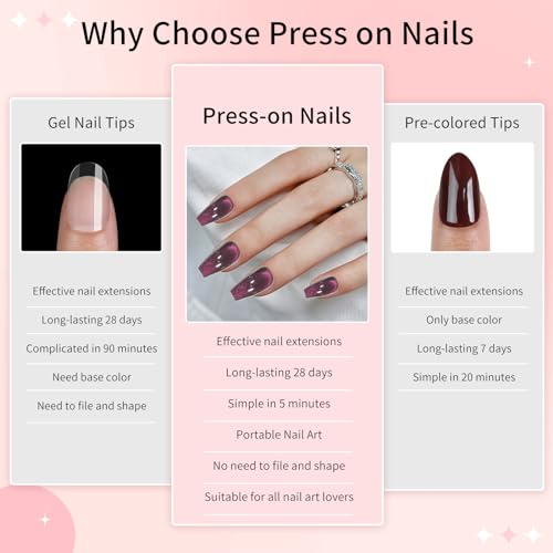 Purple Cat Eyes Press On Nails for Women Girls, 12 Size-24 Pcs Purple Medium Coffin Fake Nails, Skycloud Reusable Stick On False Nails SK0721 - color: SK0721-Dark Purple