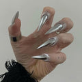 MISUD Press on Nails - Long Stiletto Glue on Nails with Silver Chrome, Acrylic Metallic Design 24 pcs - color: 06104Silver