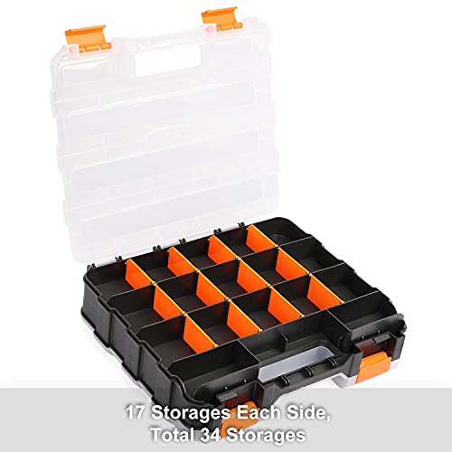 Mayouko Double Side Tools Organizer, Customizable Removable Plastic Dividers, Hardware Box Storage, Excellent for Screws,Nuts,Small Parts, 34-Compartment, Black/Orange,12.6"L x 10.6"W x 3.2"H - color: Orange, size: 34 Compartments