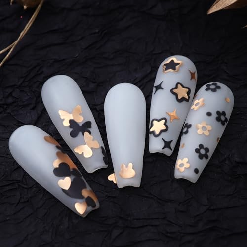 1 Box 2 Color Holographic Butterfly Hearts Nail Glitter Black Gold Nail Sequins 3D Star Flower Nail Flakes Sparkly Powder Flakes Shiny Nail Confetti Rabbits Chunky Glitter for Nails Art 12 Grids - color: Color 38
