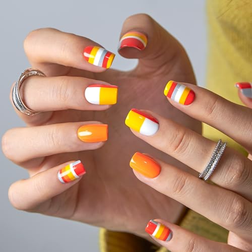 CurvLife Shrot Square Fall Press On Nails, Citrus Pop Red, Soft Gel - color: Citrus Pop