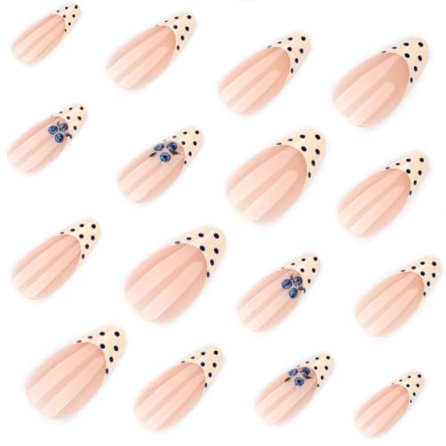 Medium Almond Press on Nails Yellow French Tip Fake Nail Polka Dots Acrylic - color: BD-Yellow Nude-12