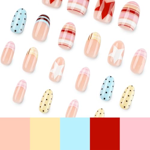 Y2K Cute Pastel Press On Nails, Short Almond Fake Nails with Candy Stripe, Polka Dot & Star Design, Glossy Handmade Reusable Nail Set for Women Girls - color: 83-Elliptical Rainbow