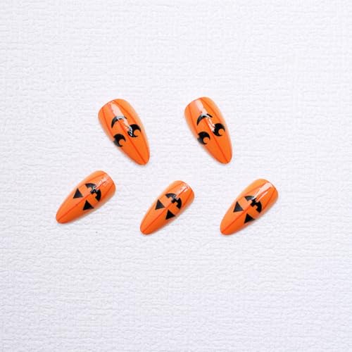 Halloween Pumpkin Press On Nails - Medium Acrylic Almond Shaped Fake Nails, Yellow Glossy False Nails Design, Fall Full Cover Glue On Nails, 24 Pcs - color: Style 10