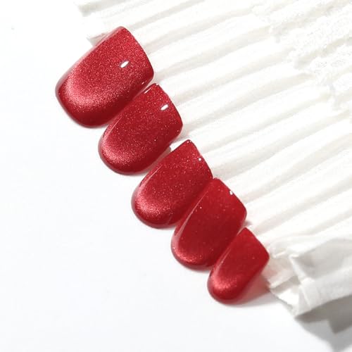 Short Square Red Cat Eye Press On Nails, Glossy Full Cover, 30 Pcs - color: B09-Classic True Red
