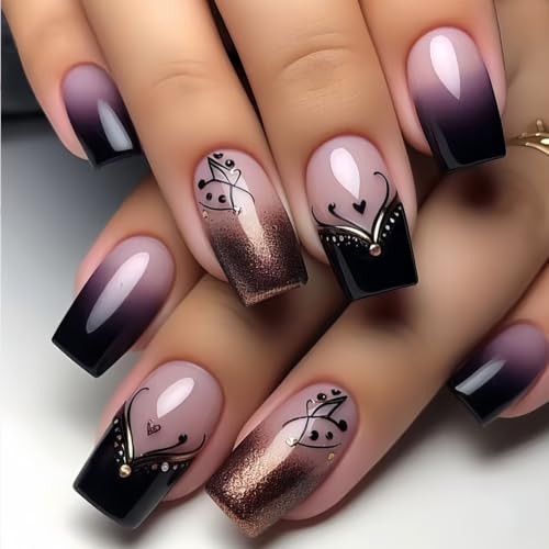 Square Press on Nails Medium Fake Nails with Ombre Designs Love Nails Press ons Black Glue on Nails Glossy False Nails Lines Stick on Nails for Women 24Pcs - color: Ombre Designs-2