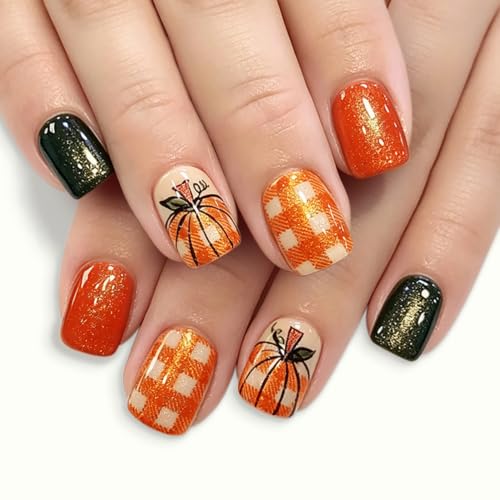 Fall Short Square Press On Nails Orange Green Fake Nail With Pumpkin Design - color: fallnails18
