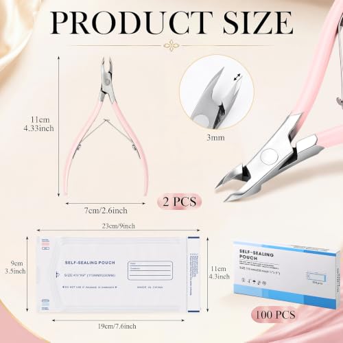 Lothee 2 Pcs 3mm Cuticle Nippers Trimmer with 100 Sterilizer Pouch, Pink - color: Pink