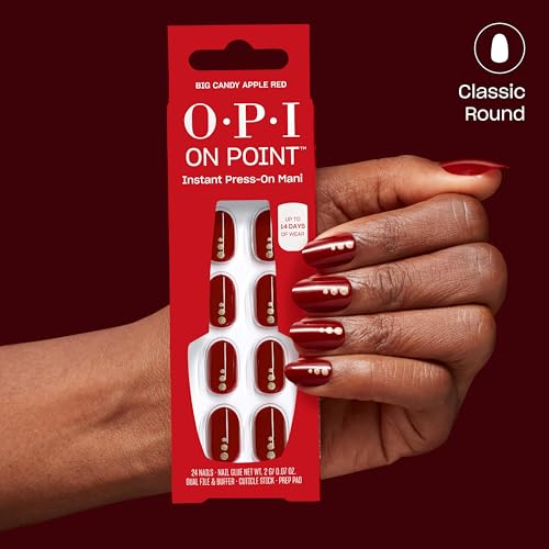 OPI On Point Press On Nails | Instant Mani | 24 Count With Nail Glue - color: Big Candy Apple Red | Bright Red with Gold Glitter Nail Art, style: Short Round