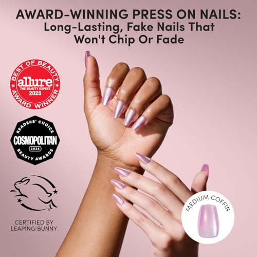 Glamnetic Press On Nails - Medium Coffin, Velvet Fake Nails 30 Pc Full Kit - color: 3F - Oyster Opal