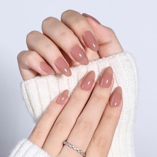 Nude Press On Nails, Short Almond, Glossy Skin Tone Glue On Nails - color: A7-Nude Pink