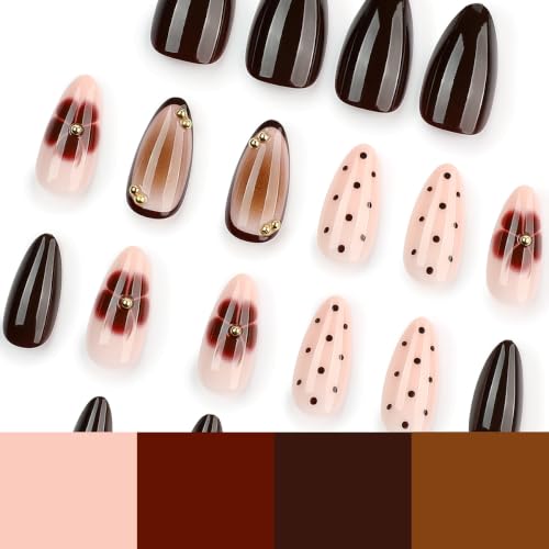 Fall Press on Nails - Brown Polka Dot, Floral - color: Color-38