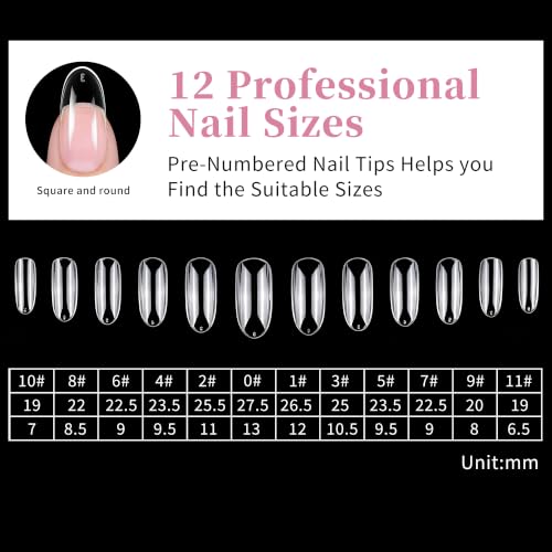 Oval Nail Tips 288 Pcs 12 Sizes, Pre-Etched Soft Gel Full Cover Nail Stickers, Transparent Press on Fake Nails for Home DIY, Nail Salons, Nail Art & Extension, Long Lasting Clear False Nails - size: Oval
