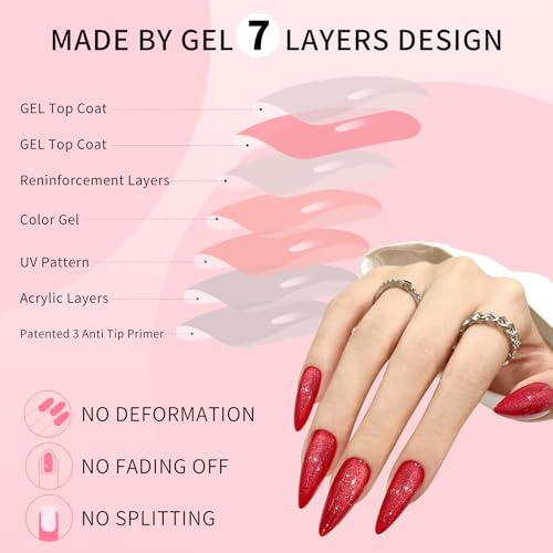 Dark Red Almond Cat Eyes Press On Nails,12 Sizes - 24 Pcs Soft Gel Red Medium Fake Nails Kit with Nail Glue, Natural Reusable Stick On False Nails for Women and Girls SK1009 - color: SK1009-Dark Red