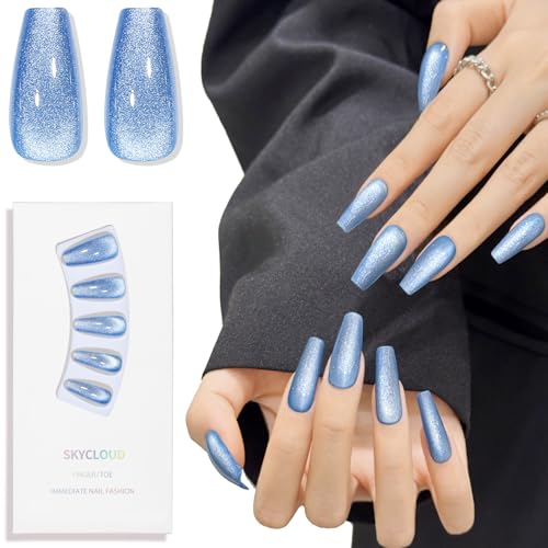 Blue Cat Eyes Press On Nails,12 Sizes-24 Pcs Soft Gel Medium Coffin Fake Nails Kit with Nail Glue, Natural Reusable Stick On False Nails for Women and Girls (Skycloud Blue Nails) SK0981 - color: SK0981-Blue