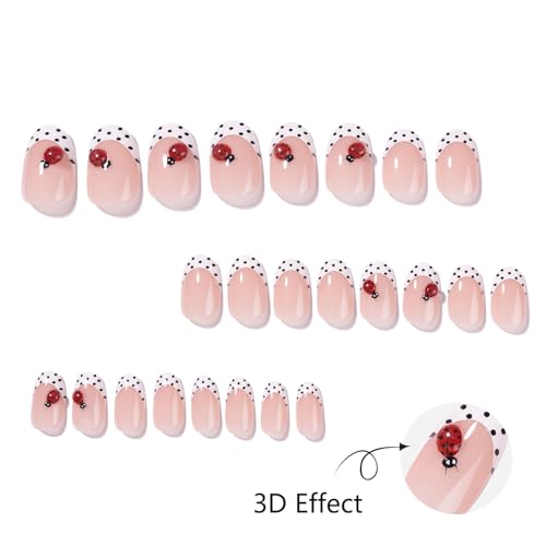 3D Short Oval French Tip Press‑On Nails — Nude Pink with White Polka Dots & Cute Ladybug, Glossy Acrylic Stick‑On Reusable Full‑Cover False Nails for Women & Girls — Easy‑Apply Tabs, Salon‑Quality - color: Polka-dot ladybug