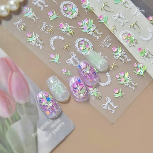 1 Sheet Tulip Nail Art Stickers 5D Embossed White Bow Nail Decals Tulips Floral Nail Art Stickers Decals Spring Summer Flower Nail Supplies Pearl Bow Nail Design Decoration Accessories for Women - style: pearl bow