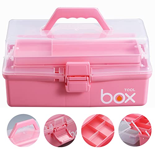 Kinsorcai 2PCS 12'' Three-Layer Clear Plastic Storage Box/Tool Box, Multipurpose Organizer and Portable Handled Storage Case for Art Craft and Cosmetic (Pink) - color: pink, size: 2PCS