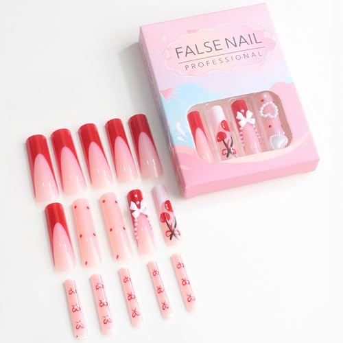 MISUD Press on Nails - Extra Long Square Glue on Nails with Red French Tip, Acrylic Cherry Bow Design 24 pcs - color: 07801Red