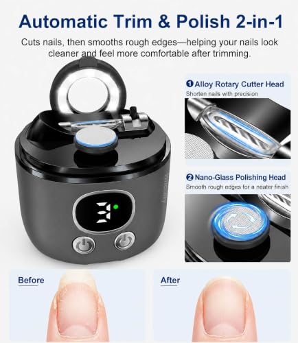 Electric Nail Clipper for Seniors, Electric Toenail Clipper with Dual Opening 0.8mm and 1.6mm, 2.5X Magnifier with LED Light & Nail Scrap Storage, 3-Speeds Automatic Trimmer and Polish, Black - color: Dark Grey