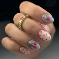 Almond Press on Nails Medium Fake Nails with Polka Dots Cherry Striped Design Reusable Glossy Full Cover Cute Stick on Nails for Women Manicure 30Pcs - color: style-33