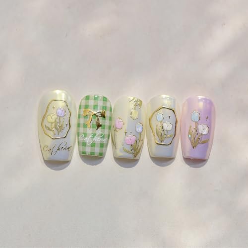 5D Embossed Bow Nail Art Stickers Gold Trimming Flower Nail Art Decals Blue White Tulips Nail Decals Spring Flower Nail Design Stickers Silver Letter Nails Supplies Cute Nail Decor for Women - style: 5D Embossed Nail Stickers-5